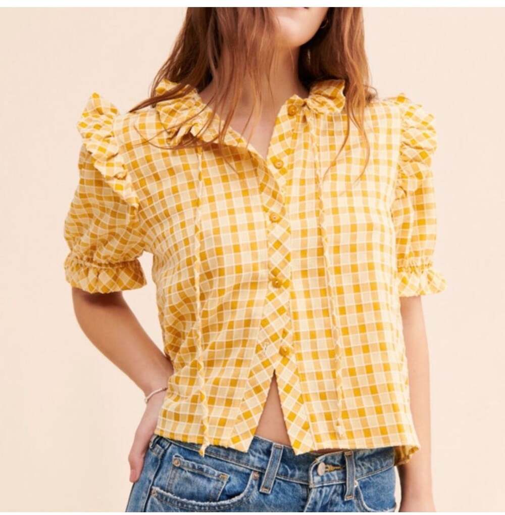 Lisa Says Gah! Nuuly Says Gah! Meg Gingham Puff Sleeve Crop Ruffle Top Blouse XS